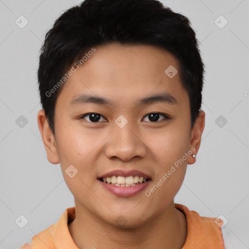Joyful asian young-adult male with short  black hair and brown eyes