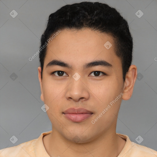 Neutral latino young-adult male with short  black hair and brown eyes