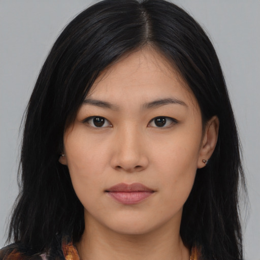 Neutral asian young-adult female with long  black hair and brown eyes