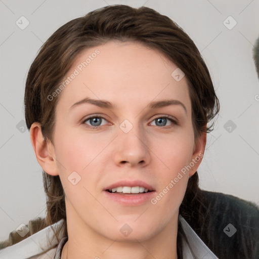 Neutral white young-adult female with medium  brown hair and grey eyes