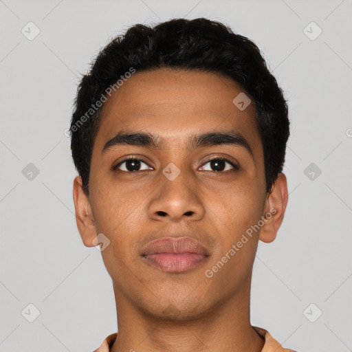 Neutral latino young-adult male with short  black hair and brown eyes