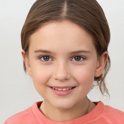 Joyful white child female with medium  brown hair and brown eyes