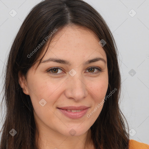 Joyful white young-adult female with long  brown hair and brown eyes