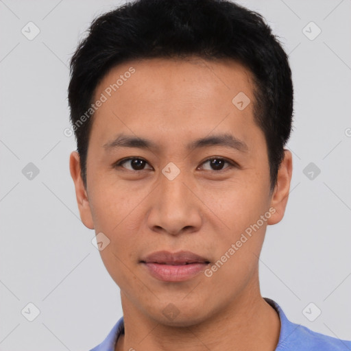 Neutral asian young-adult male with short  black hair and brown eyes