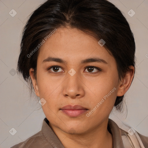 Neutral asian young-adult female with medium  brown hair and brown eyes