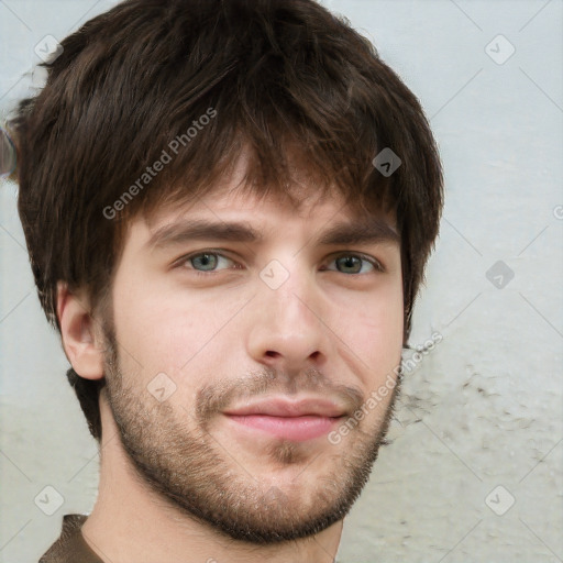 Neutral white young-adult male with short  brown hair and grey eyes