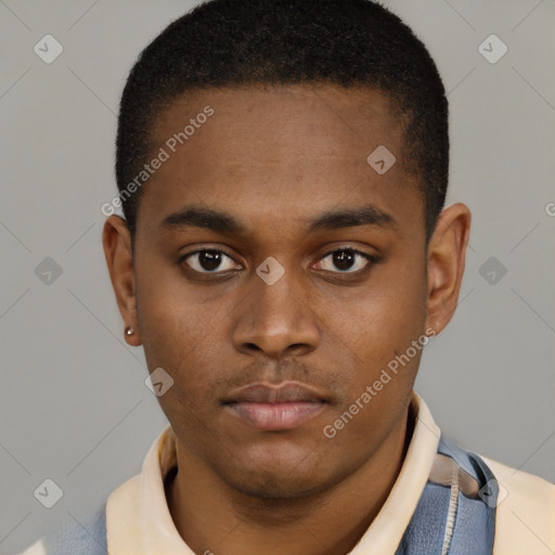 Neutral latino young-adult male with short  brown hair and brown eyes
