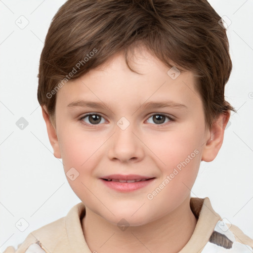 Joyful white child female with short  brown hair and brown eyes