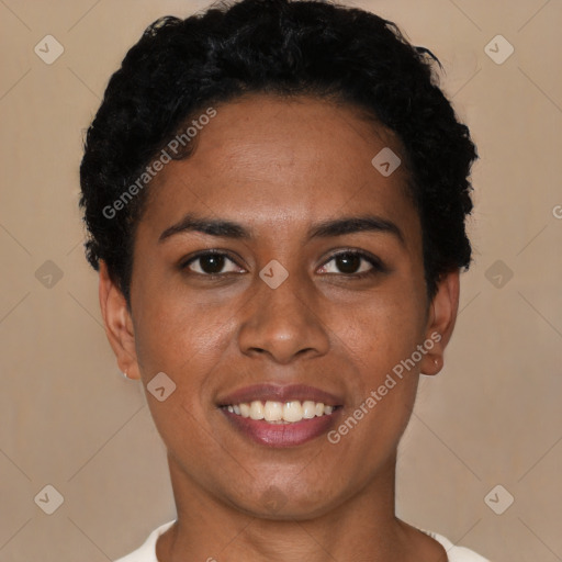 Joyful latino young-adult female with short  black hair and brown eyes