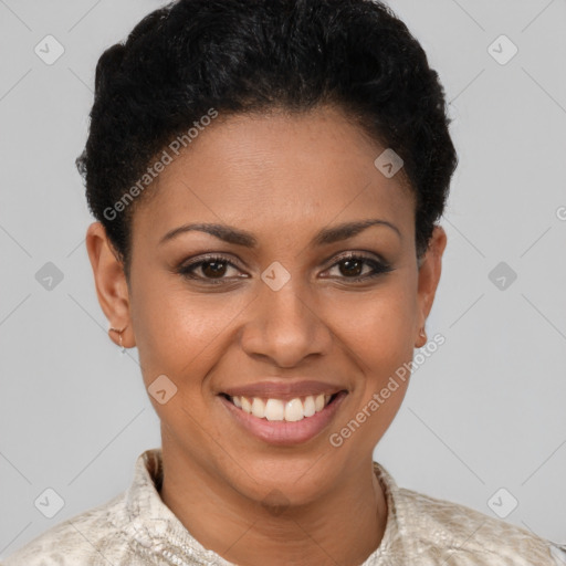 Joyful latino young-adult female with short  brown hair and brown eyes