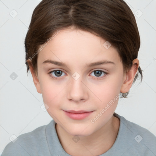 Joyful white child female with short  brown hair and brown eyes