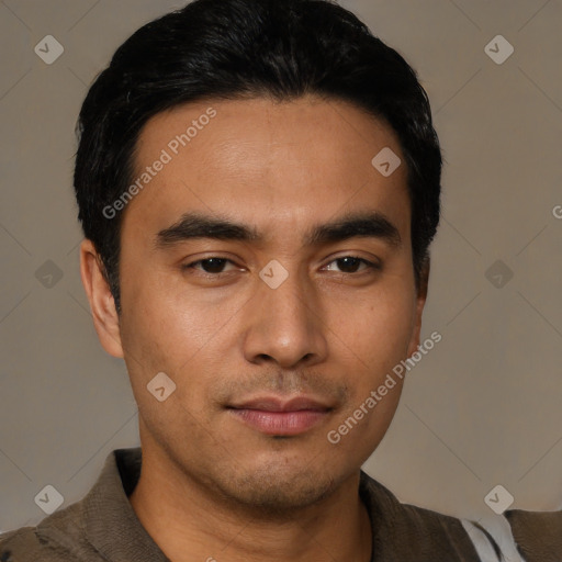 Neutral asian young-adult male with short  black hair and brown eyes