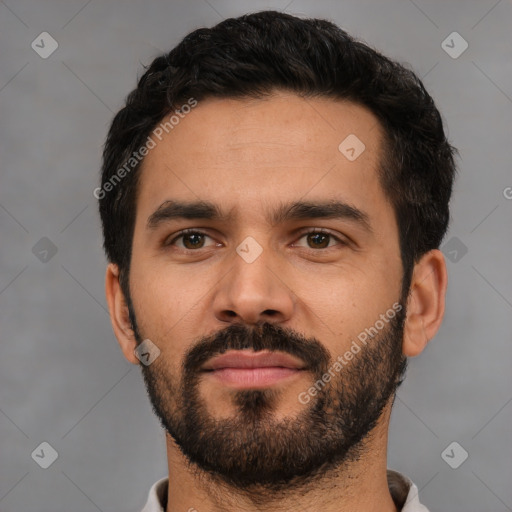 Neutral white young-adult male with short  black hair and brown eyes