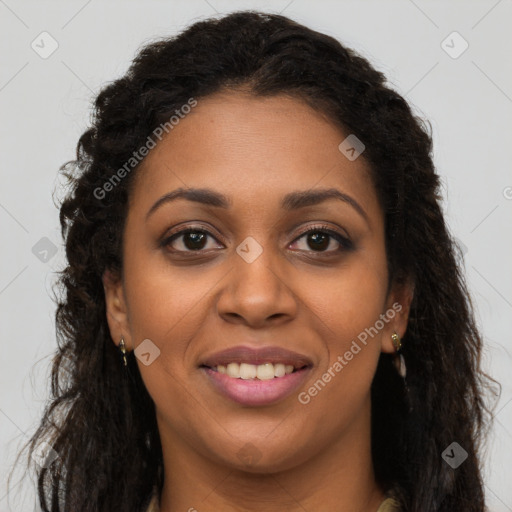 Joyful latino young-adult female with long  brown hair and brown eyes