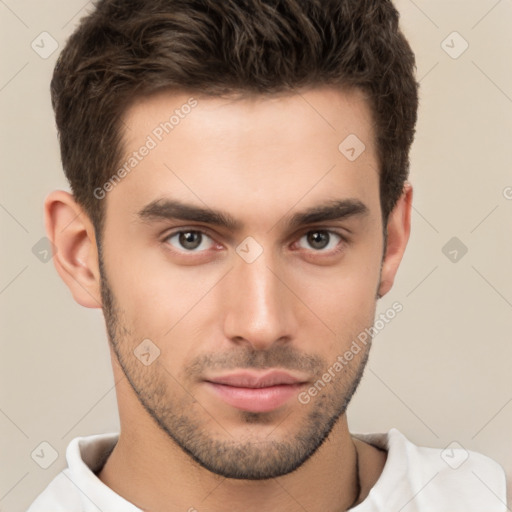 Neutral white young-adult male with short  brown hair and brown eyes