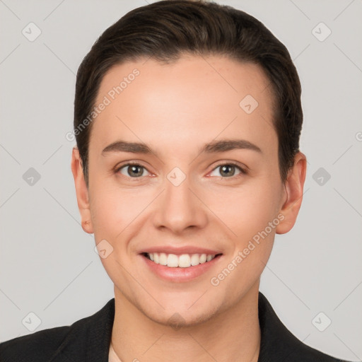 Joyful white young-adult female with short  brown hair and brown eyes