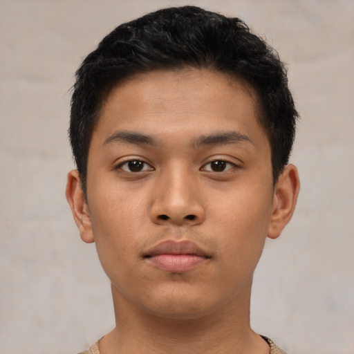 Neutral asian young-adult male with short  black hair and brown eyes