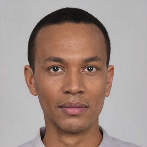 Neutral black young-adult male with short  black hair and brown eyes