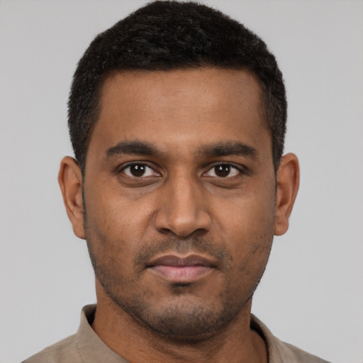 Neutral black young-adult male with short  black hair and brown eyes
