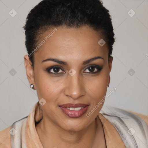 Joyful black young-adult female with short  brown hair and brown eyes