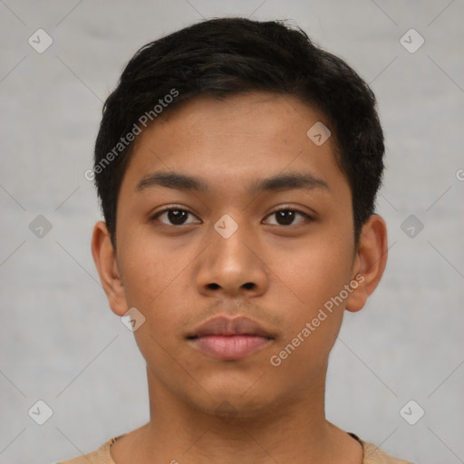 Neutral asian young-adult male with short  brown hair and brown eyes
