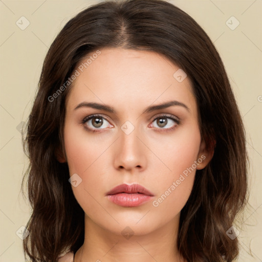 Neutral white young-adult female with long  brown hair and brown eyes