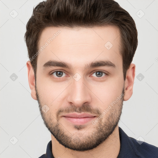 Neutral white young-adult male with short  brown hair and brown eyes