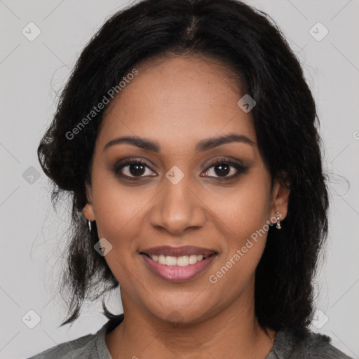 Joyful latino young-adult female with medium  black hair and brown eyes