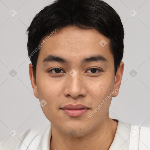 Joyful asian young-adult male with short  black hair and brown eyes