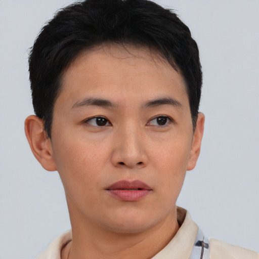 Neutral asian young-adult male with short  brown hair and brown eyes