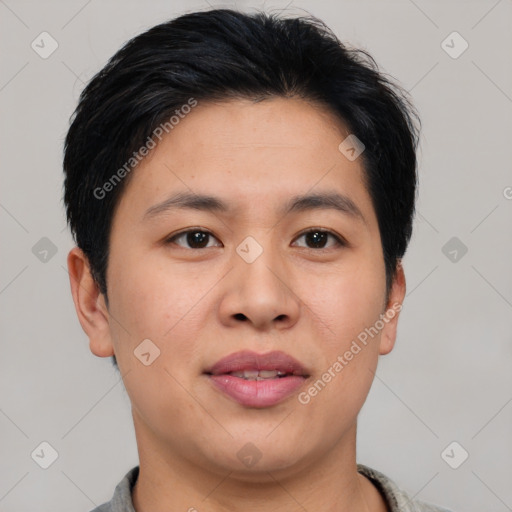 Joyful asian young-adult male with short  black hair and brown eyes