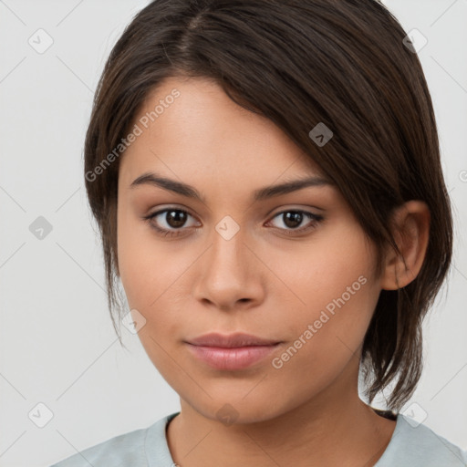 Neutral white young-adult female with medium  brown hair and brown eyes