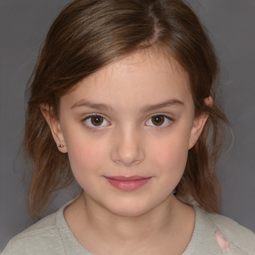 Joyful white child female with medium  brown hair and brown eyes