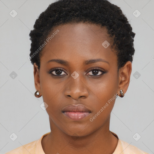 Neutral black young-adult female with short  black hair and brown eyes