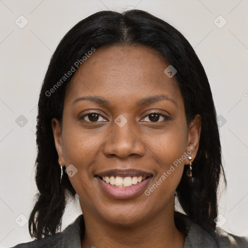 Joyful black young-adult female with medium  black hair and brown eyes