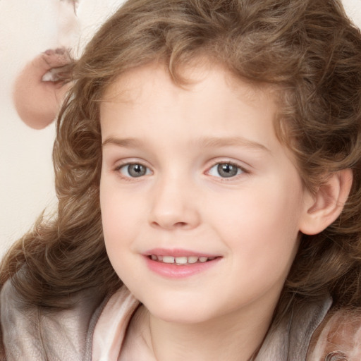 Joyful white child female with medium  brown hair and grey eyes