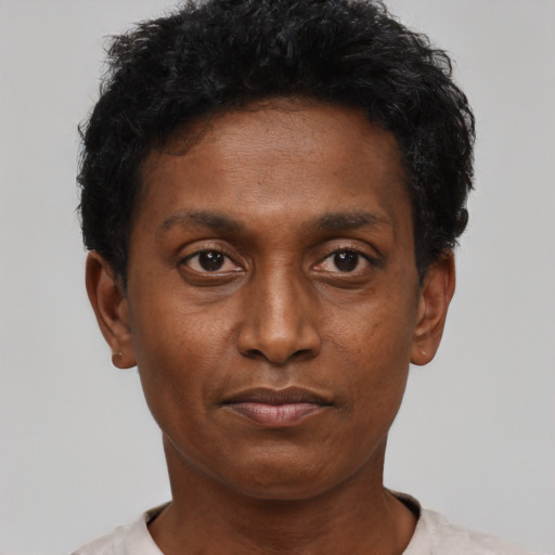 Neutral black adult male with short  black hair and brown eyes