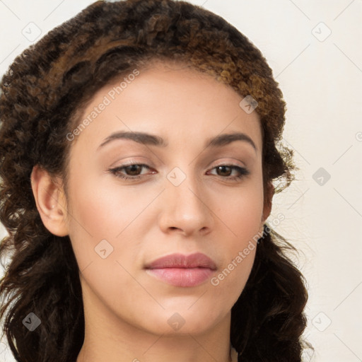 Neutral white young-adult female with long  brown hair and brown eyes