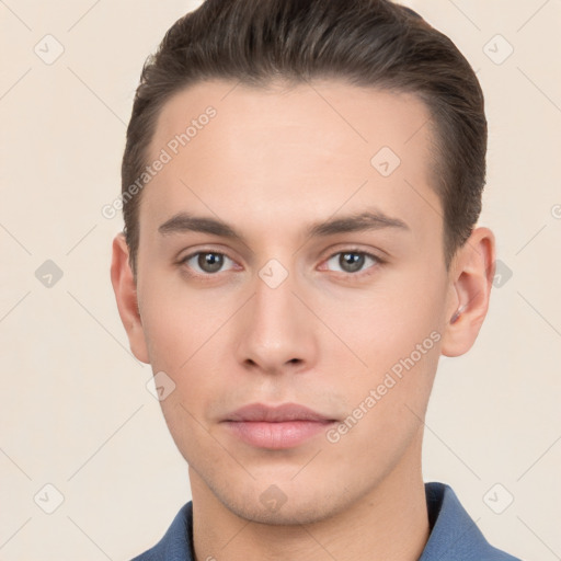 Neutral white young-adult male with short  brown hair and brown eyes