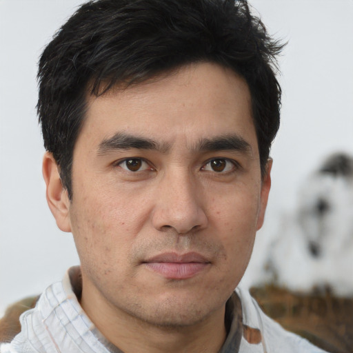 Neutral asian young-adult male with short  brown hair and brown eyes