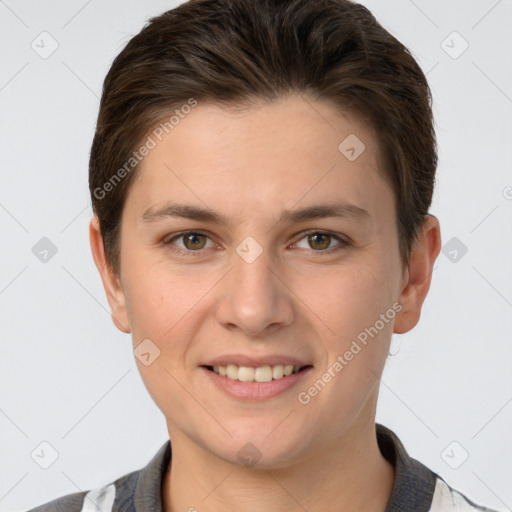 Joyful white young-adult female with short  brown hair and grey eyes