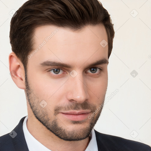 Neutral white young-adult male with short  brown hair and brown eyes