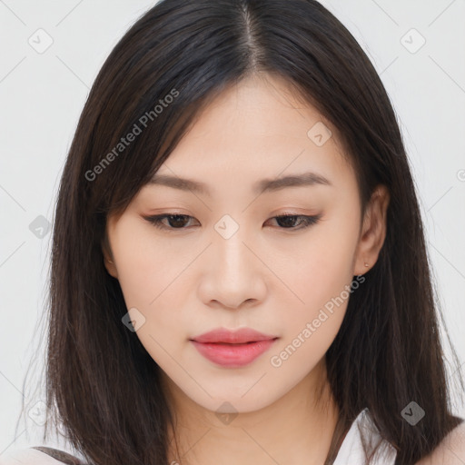 Neutral asian young-adult female with long  brown hair and brown eyes