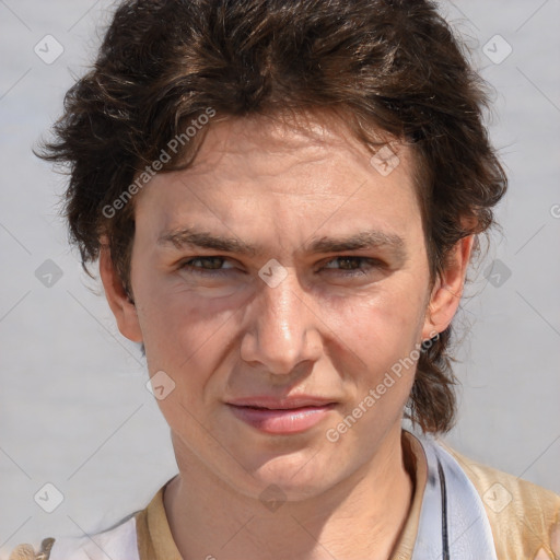 Joyful white adult male with medium  brown hair and brown eyes