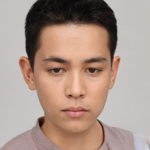 Neutral asian young-adult male with short  brown hair and brown eyes