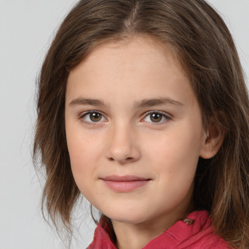 Joyful white child female with medium  brown hair and brown eyes