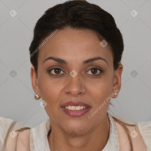 Joyful black young-adult female with short  brown hair and brown eyes