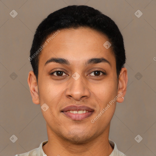 Joyful latino young-adult female with short  brown hair and brown eyes