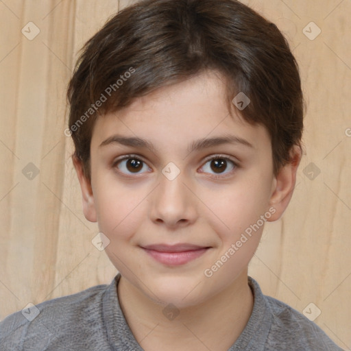 Joyful white child male with short  brown hair and brown eyes