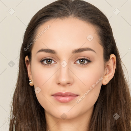 Neutral white young-adult female with long  brown hair and brown eyes